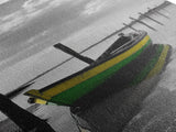 Green Yellow Boat, Serene Reflection, Dockside Calm, Framed Canvas Print, Coastal Bedroom Decor, Minimal Nautical Wall Art