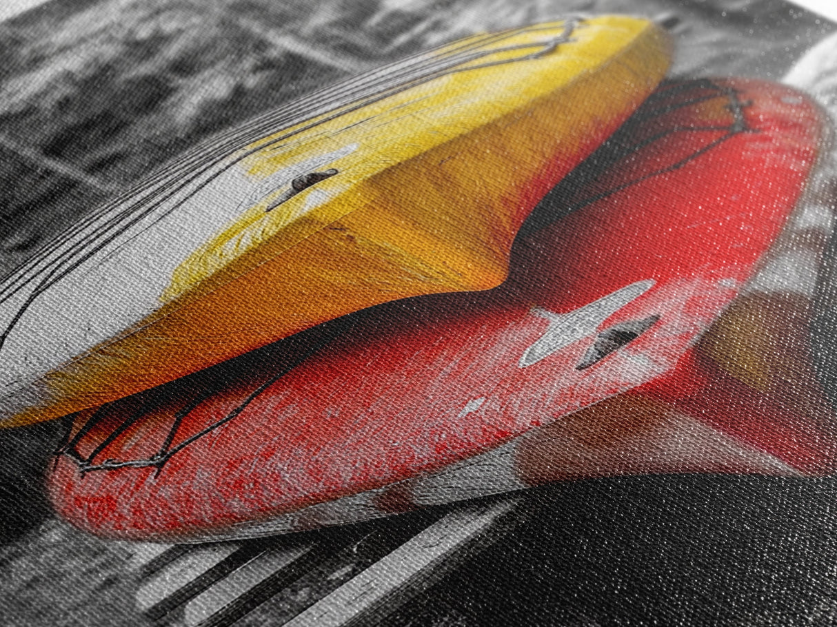 Stacked Kayaks, Red and Yellow, Forest Wall Art, Canvas Print, Adventure Photography, Outdoor Cabin Decor, Fall Travel Vibes