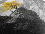 Cliff Tree, Yellow Foliage, Hiker Scene, Framed Canvas Print, Landscape Art, Fall Wall Decor, Adventure Wall Art, Office Statement Piece