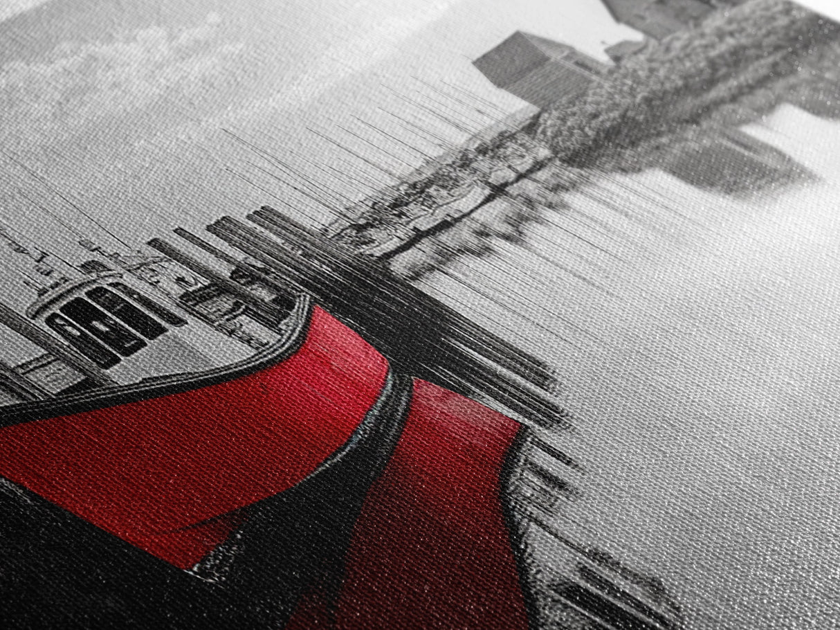 Red Fishing Boat, Harbor Reflection Scene, Calm Dockside Water, Framed Canvas Print, Nautical Art, Living Room Wall Decor