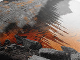Orange Reflection Lake, Rocky Shoreline, Autumn Forest View, Canvas Print, Nature Photography, Rustic Wall Art, Cabin Living Room Decor
