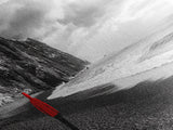 Red Jacket Wanderer, Moody Coastal Cliff Scene, Monochrome Photography, Framed Canvas Print, Modern Minimalist Office Wall Art