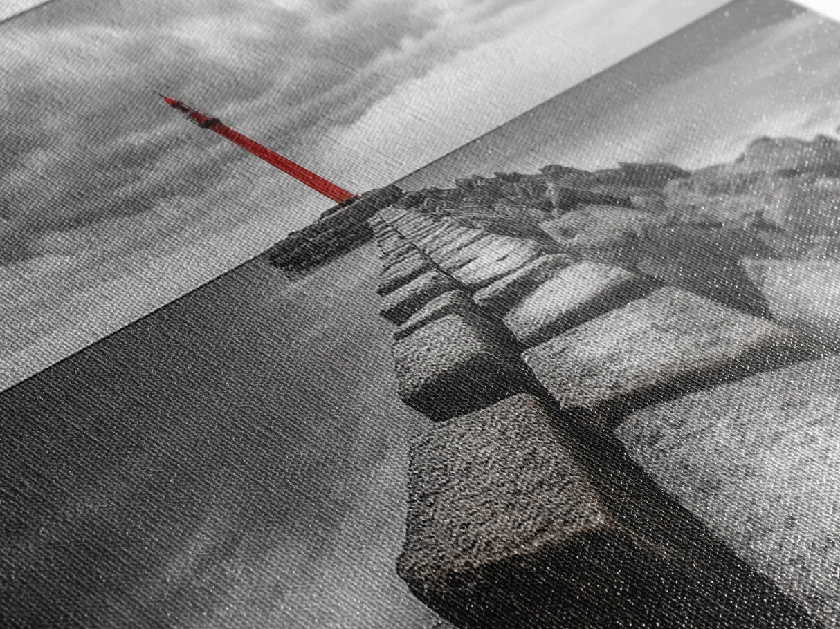 Red Lighthouse Coast, Seaside Rock Jetty, Stormy Sky Mood, Nautical Beacon View, Canvas Print, Bathroom Wall Art, Coastal Modern Decor