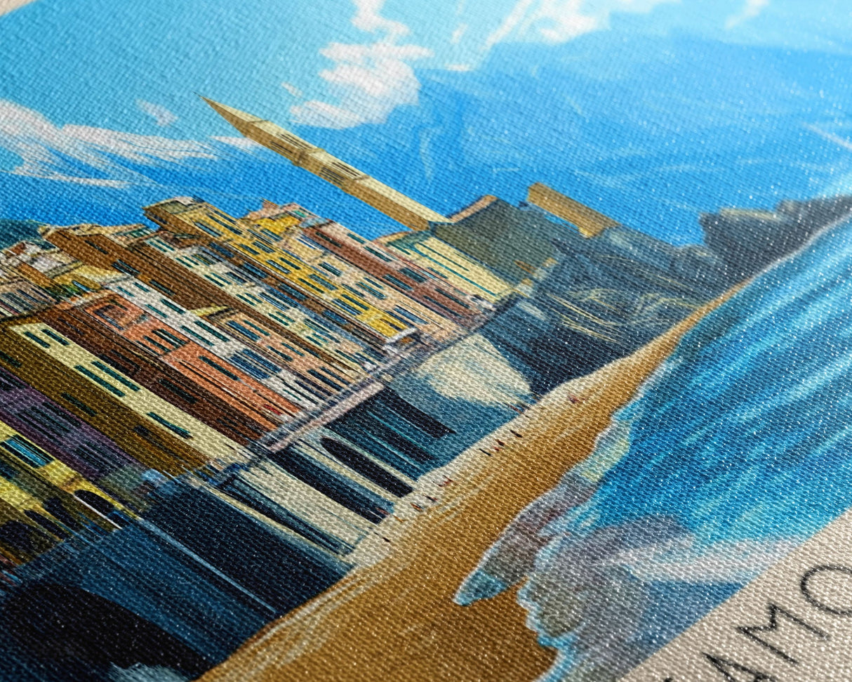 Camogli Beach, Italy Panoramic Beach Print, Vacation Gift, Italy Wall Art, Beach Painting, Beach Decor, Beach Painting