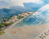 Bečići Beach, Montenegro Watercolor Print, Vacation Gift, Montenegro Wall Art, Beach Painting, Beach Decor, Large Wall Art, Wood Frame Art