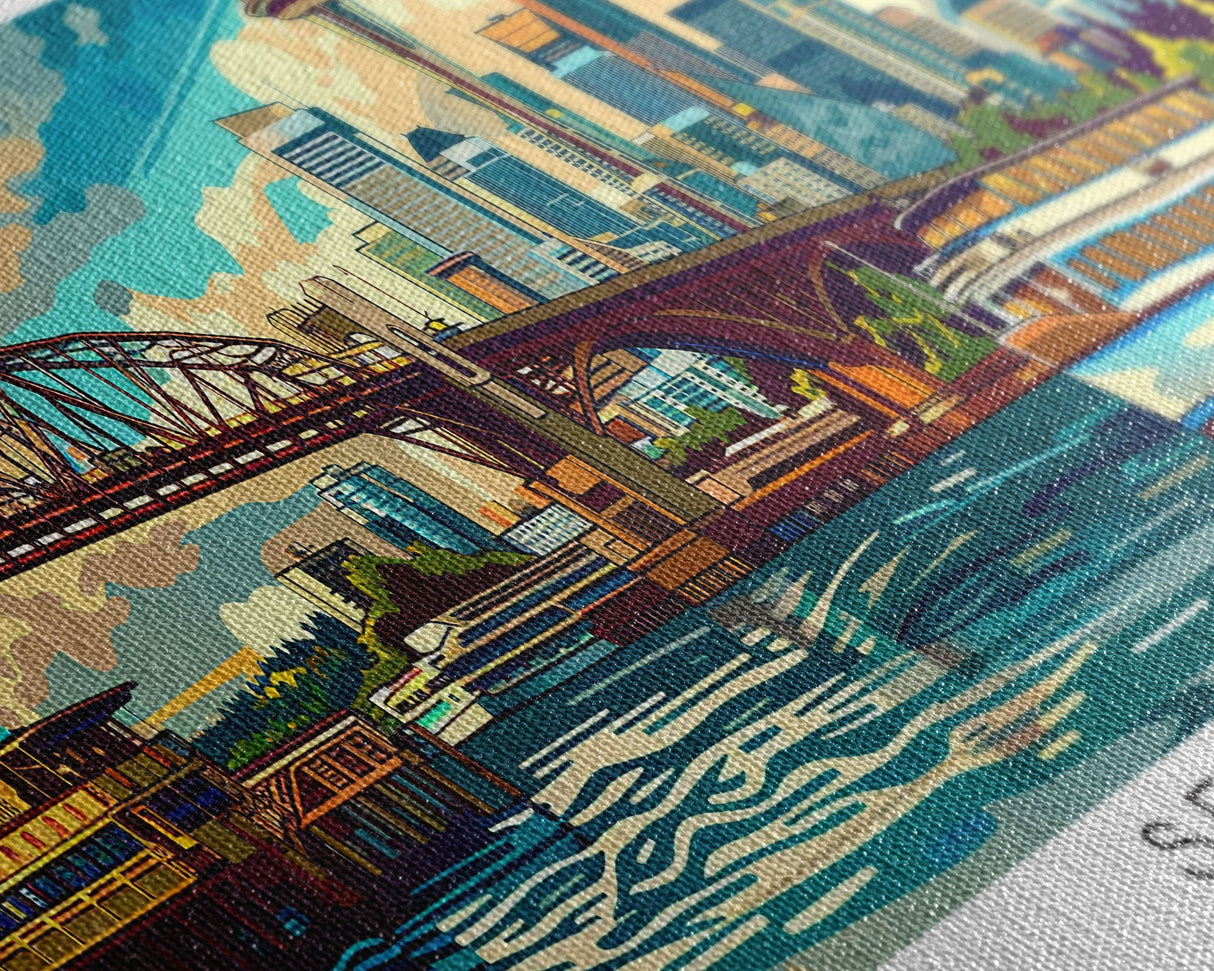Seattle Washington Panoramic Painting, Mid Century Modern Framed Canvas Print, Retro Style Wall Art, Pop Art Travel Poster