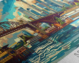 Seattle Washington Panoramic Painting, Mid Century Modern Framed Canvas Print, Retro Style Wall Art, Pop Art Travel Poster