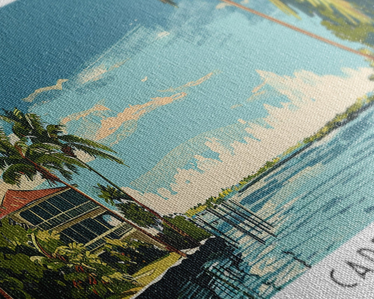 Cape Coral Florida Panoramic Painting, Mid Century Modern Framed Canvas Print, Retro Pop Art Travel Poster, Home Decor, City Print