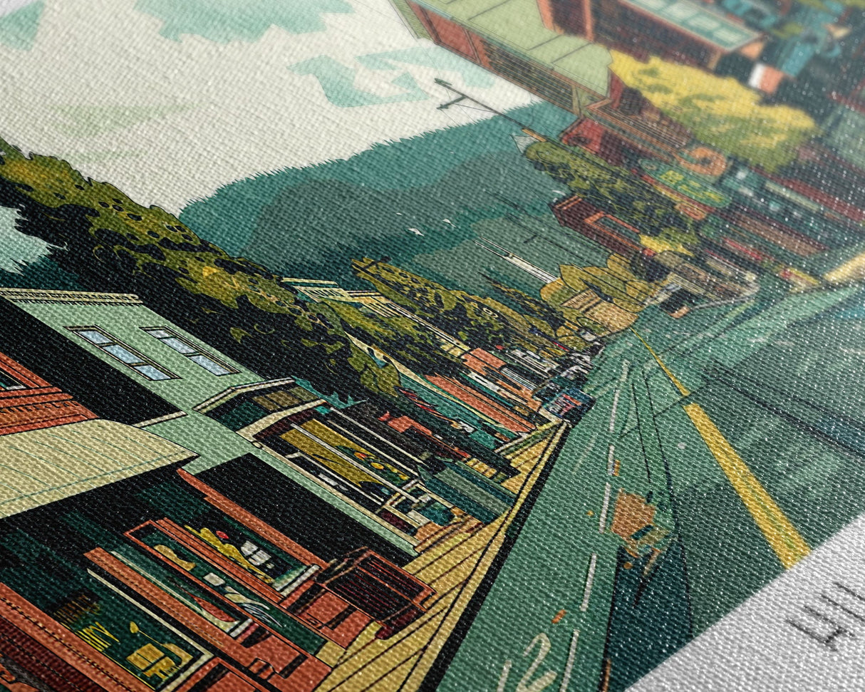Hillsboro Oregon Panoramic Painting, Mid Century Modern Framed Canvas Print, Retro Pop Art Travel Poster, Office Wall Decor