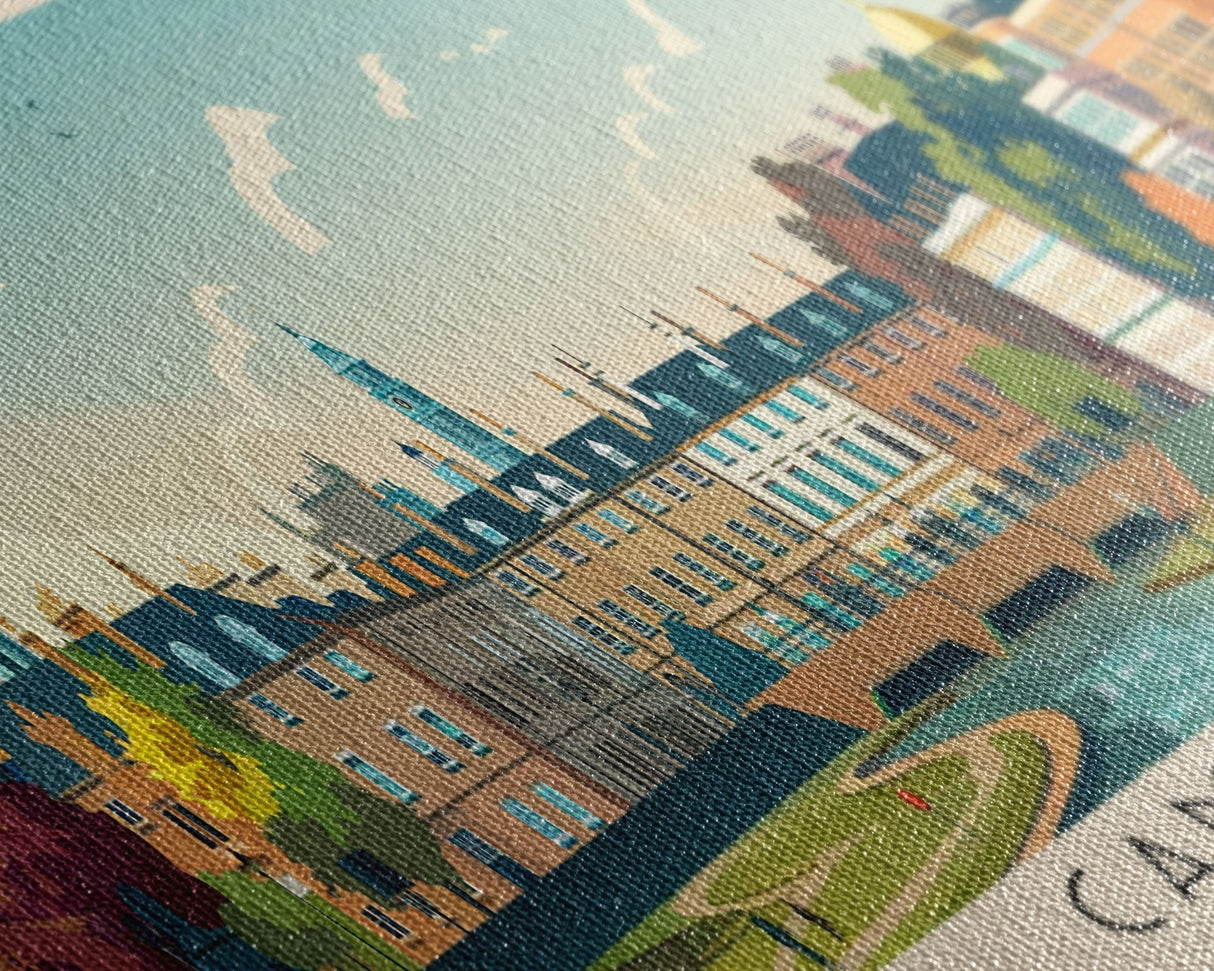 Cambridge United Kingdom Travel Print Wall Art, Panoramic City Art, Travel Art, Wall Decor, Vacation Gift, Framed Canvas Print Or Metal Art