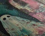 Ghostly Figure at Haunted Door Framed Canvas Print, Halloween Spirit Decor, Spooky Ghost Art, Haunted House Wall Art, Creepy Ghostly Print