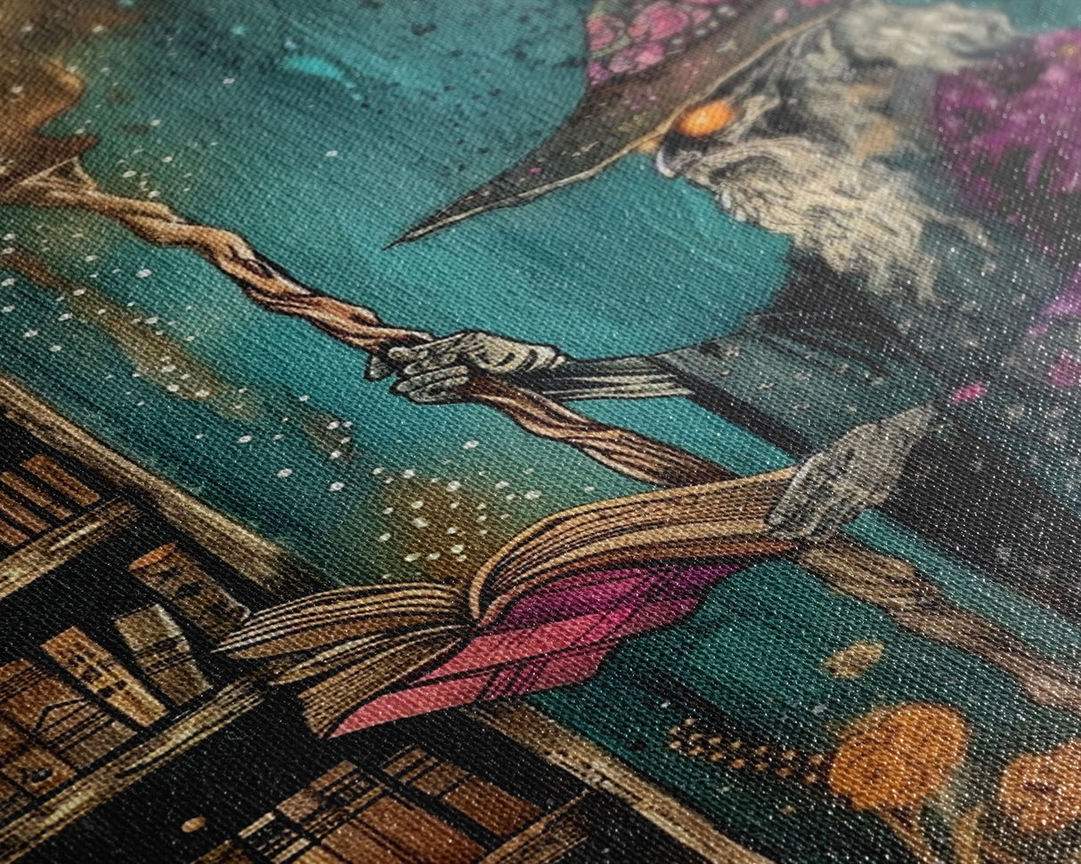 Halloween Eerie Wizard in Haunted Library Framed Canvas Print, Gothic Wall Art, Home Decor, Witchcraft Decor, Gift Idea, Enchanted Study