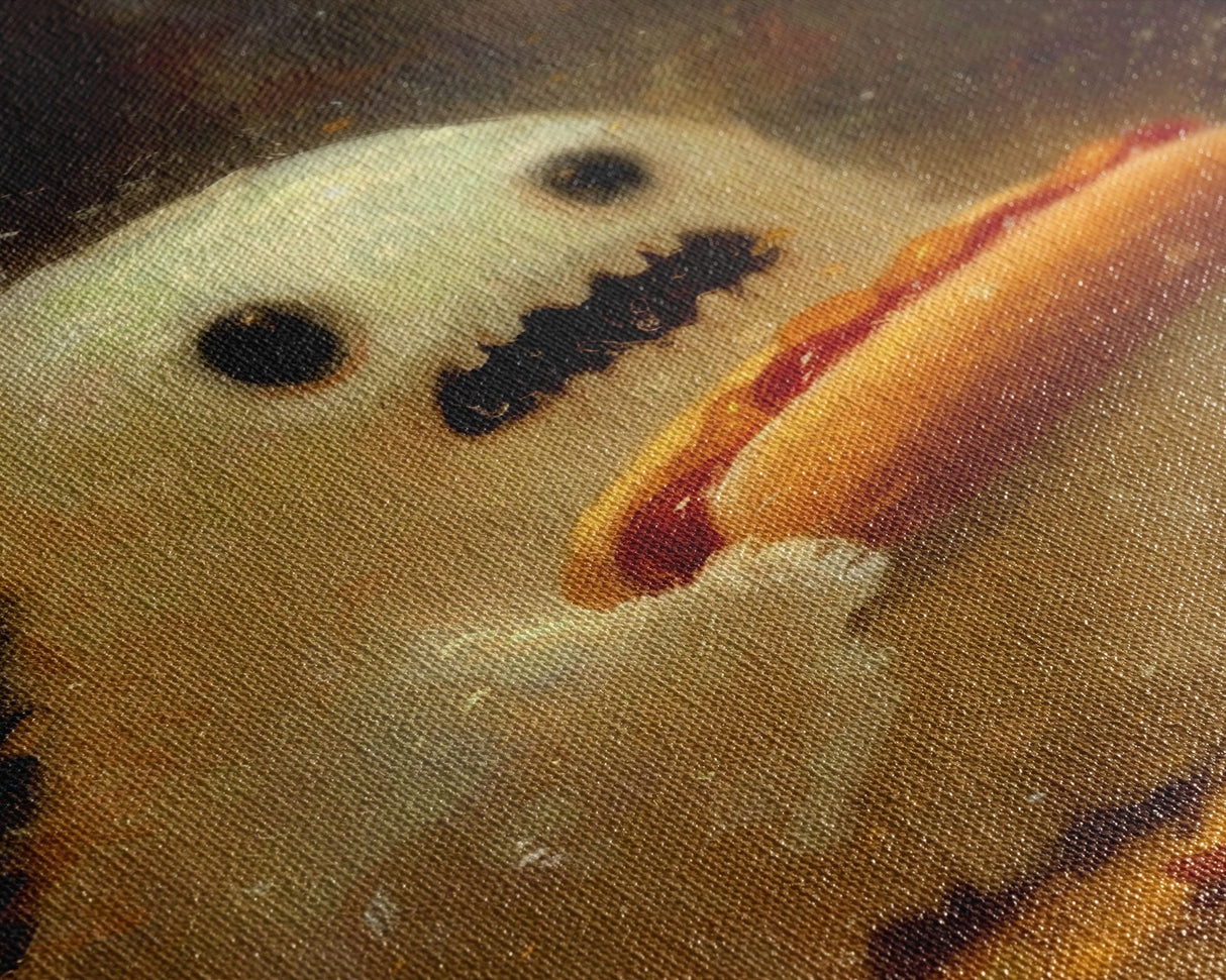 CHOMP! Cute Lil Ghost Eatin' a Dog, The Hot Dog Ghost, Haunted Hot Dog Thief, Framed Canvas Print, Halloween Art