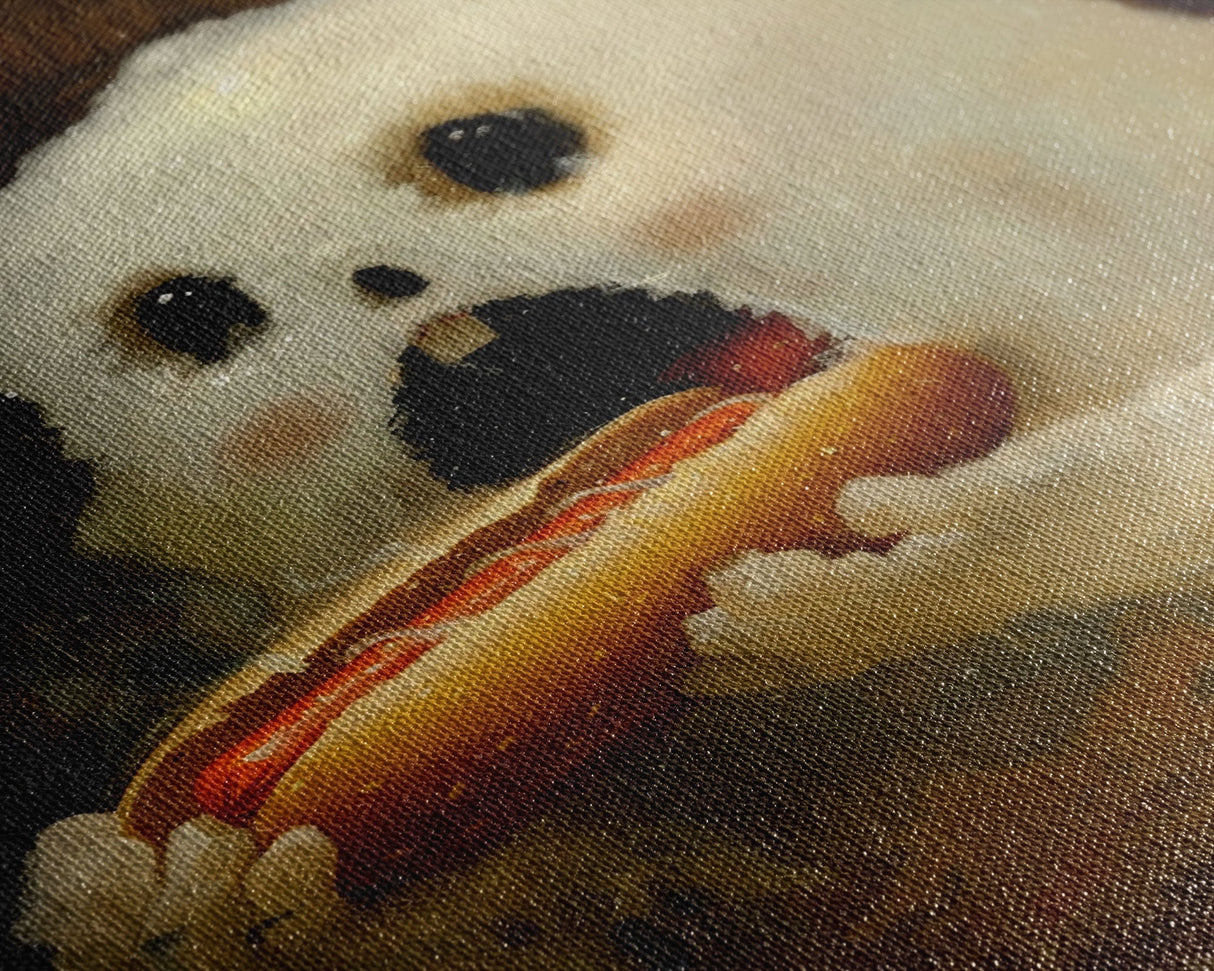 Ghostly Hot Dog Thief, Cute Lil Ghost Eatin' a Dog, The Hot Dog Ghost, Haunted Hot Dog Thief, Framed Canvas Print, Halloween Art