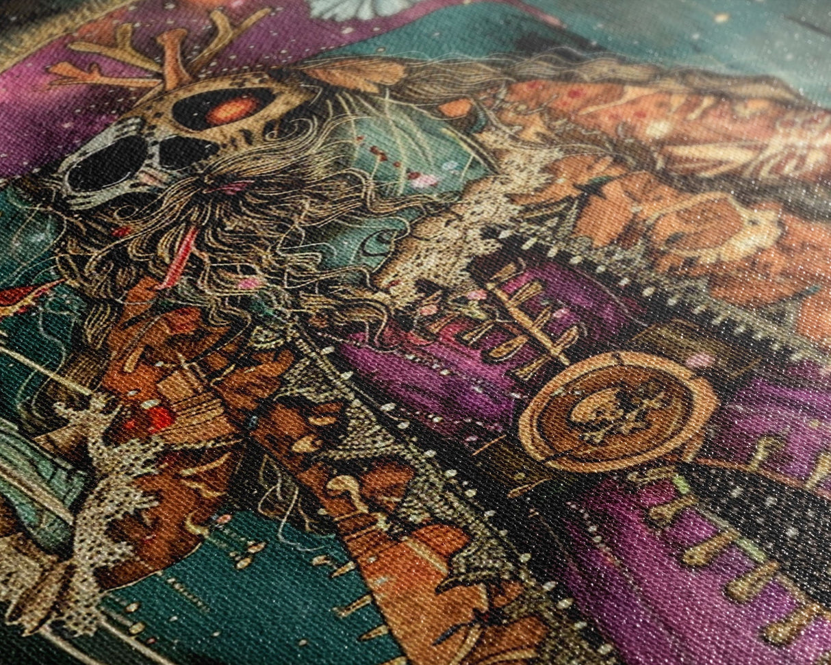 Halloween Pirate Skeleton with Pizza Framed Canvas Print, Spooky Decor, Living Room Art, Fun Halloween Wall Art Home Decor Vintage Style Art