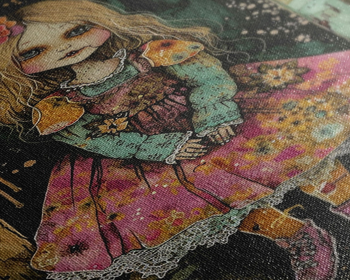 Halloween Witch in Forest Framed Canvas Print, Spooky Decor, Living Room Art, Whimsical Halloween Wall Art, Home Decoration, Retro Style Art