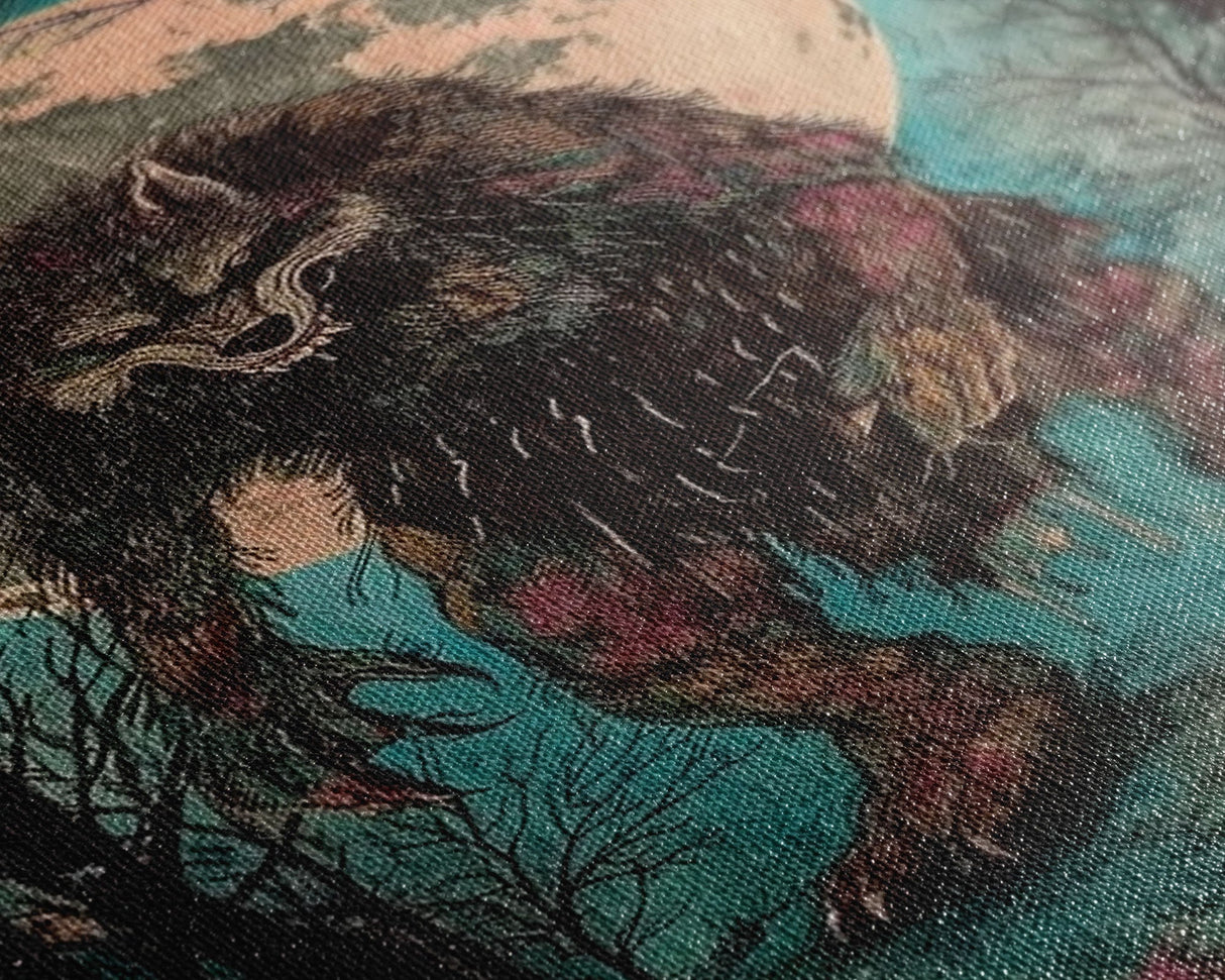 Halloween Horror Full Moon Werewolf Framed Canvas Print, Wall Art, Living Room Decor, Halloween Decor, Spooky Wall Hanging, Haunted House