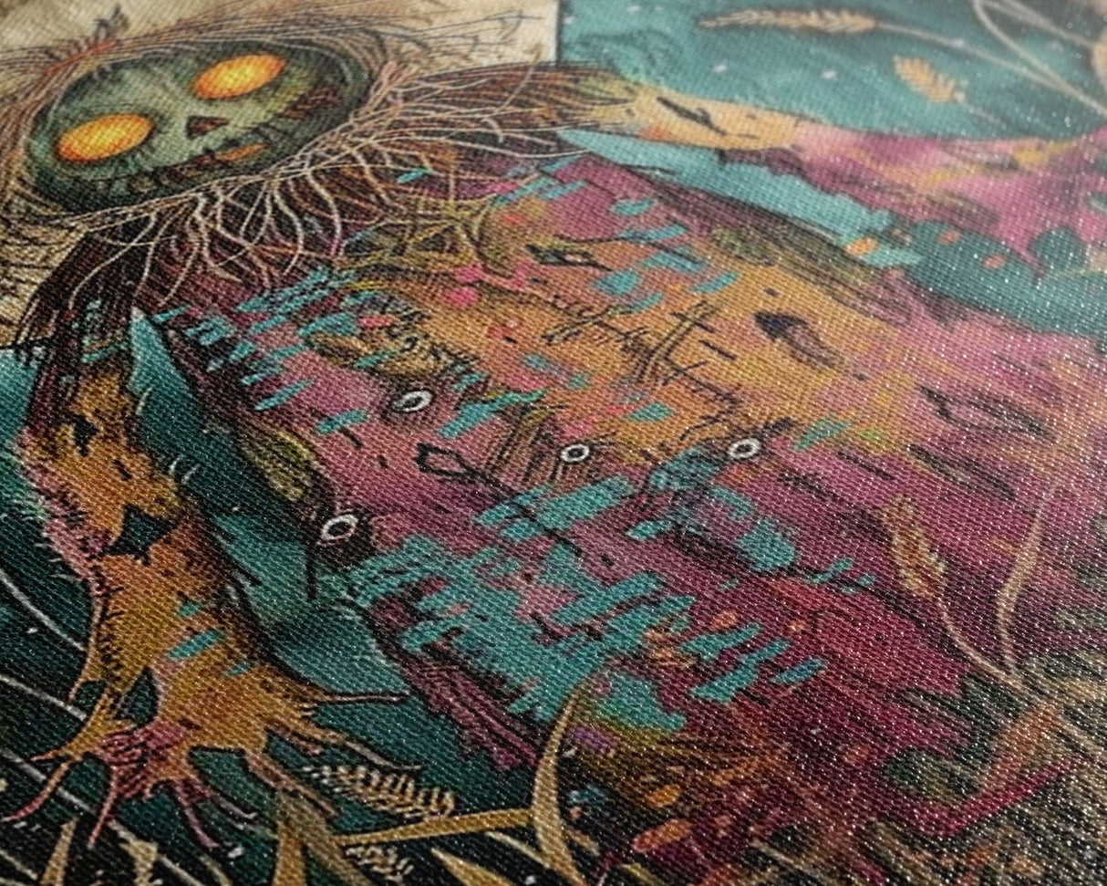 Creepy Moonlit Scarecrow Framed Canvas Print | Halloween Art | Spooky Harvest Artwork | Sinister Scarecrow Art for Home Decor