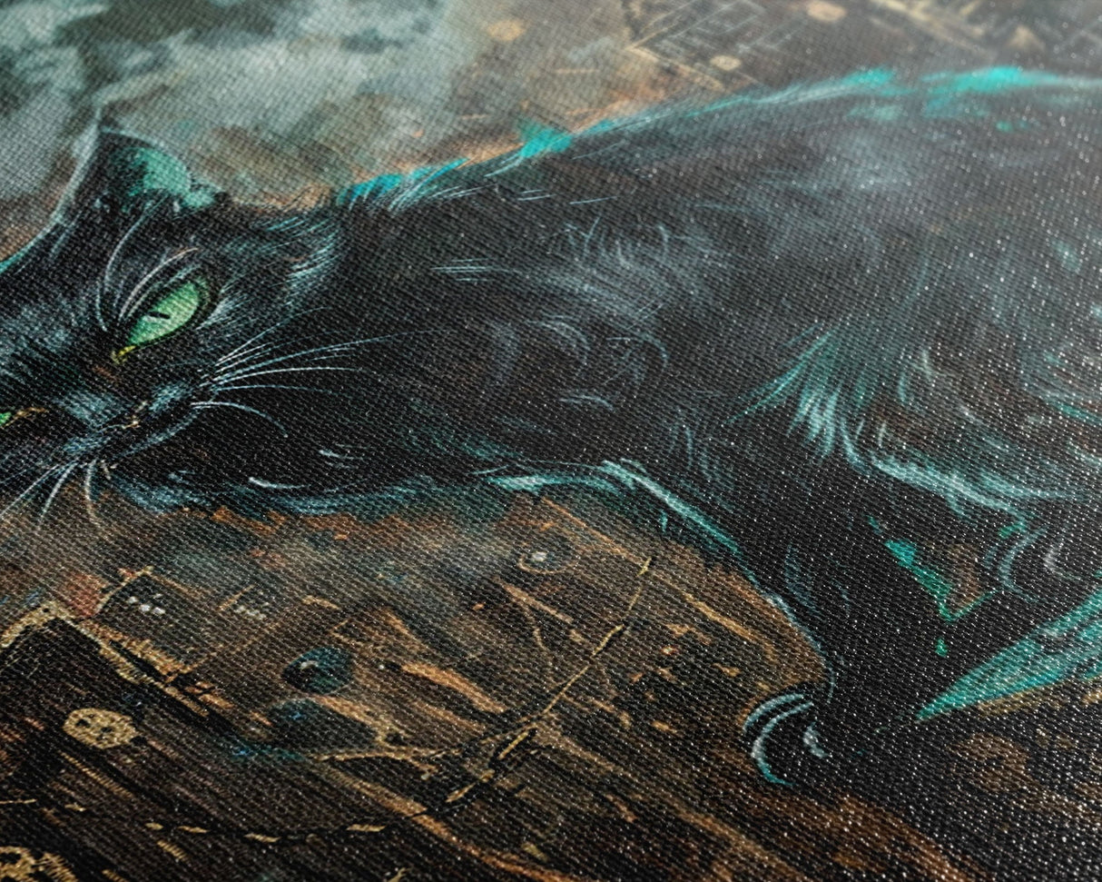 Black Cat with Piercing Green Eyes, Framed Canvas Print, Spooky Cat Art, Witchy Feline Decor, Halloween Wall Art, Gothic Cat Decor