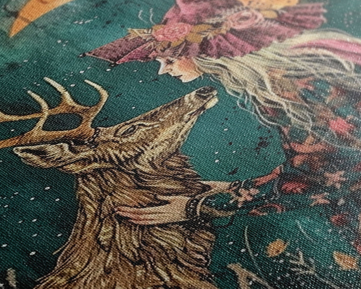 Gothic Witch with Turtle in Dark Forest - Enigmatic Halloween Artwork Framed Canvas Print, Spooky Home Wall Decor