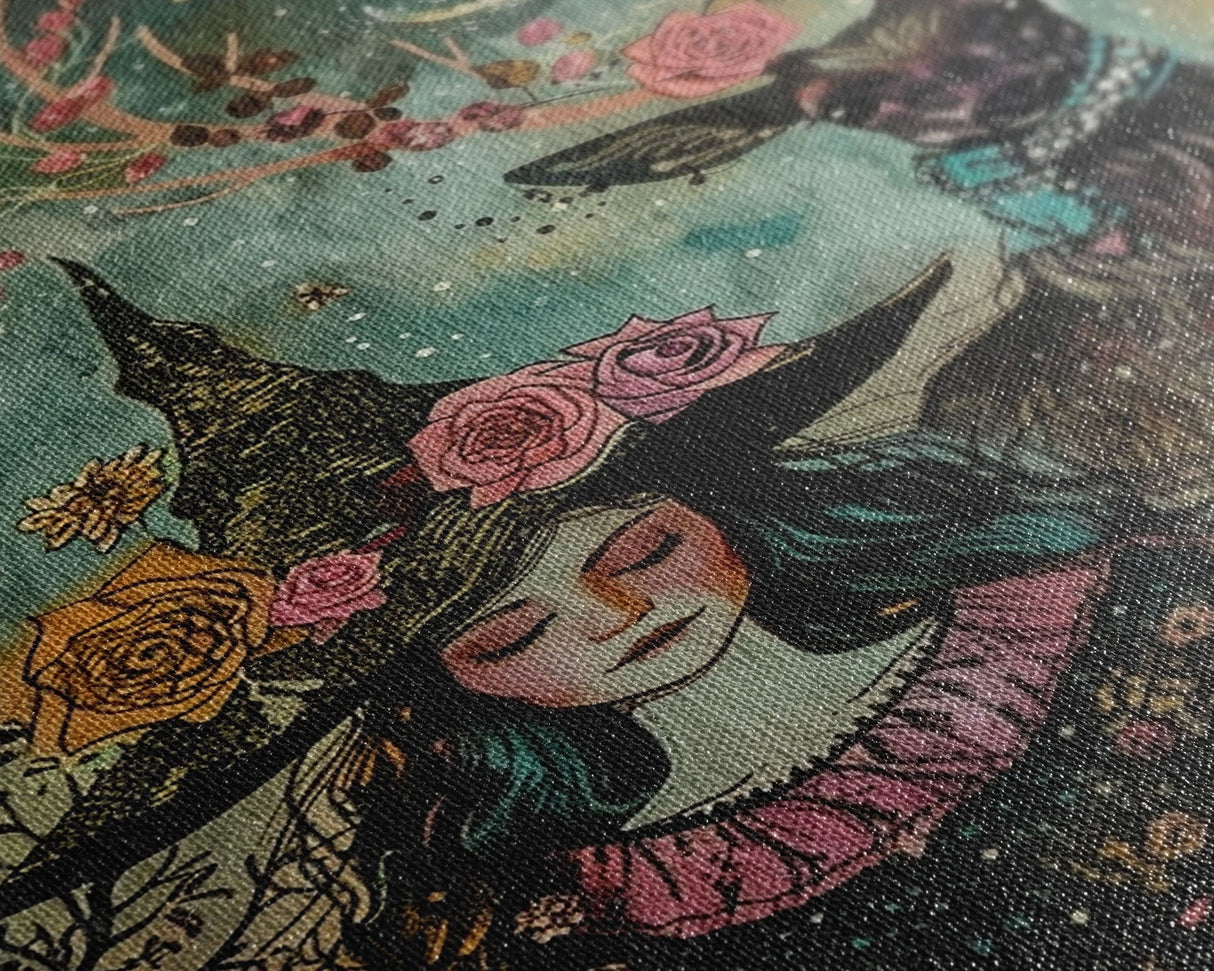 Elegant Witch with Tortoise - Halloween Art, Gothic Art, Spooky Decor, Dark Nature Art, Haunting Portrait, Framed Canvas Print