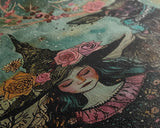 Elegant Witch with Tortoise - Halloween Art, Gothic Art, Spooky Decor, Dark Nature Art, Haunting Portrait, Framed Canvas Print