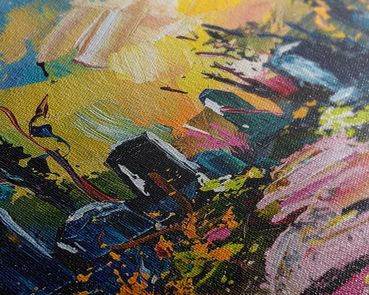 Colorful Haunted Cemetary, Springtime Halloween Mashup, Spooky Season Vibes, Framed Canvas Print, Haunted Graveyard