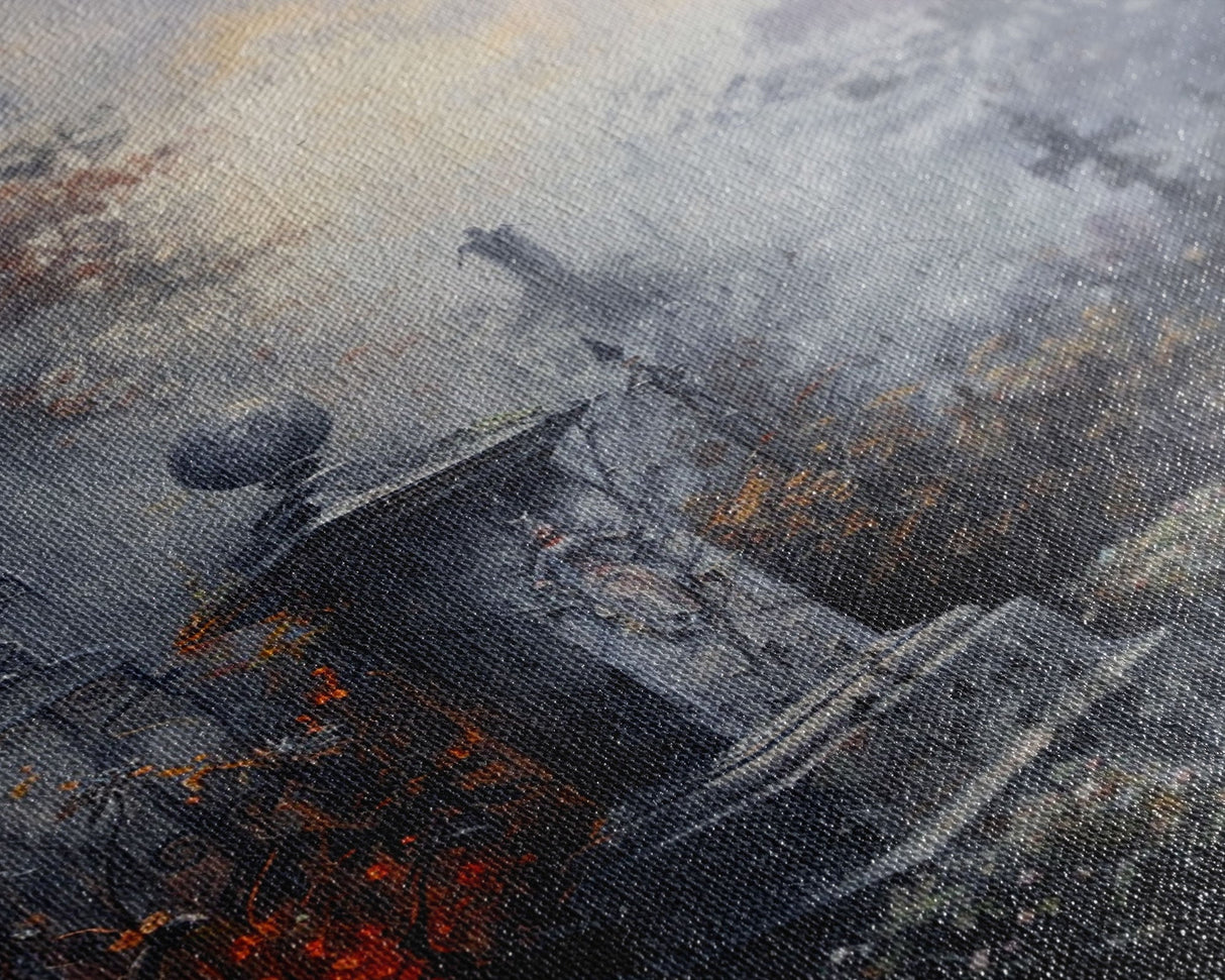 Gothic Cemetery with Statues Framed Canvas Print, Halloween Wall Art, Haunted Graveyard, Home Decor, Spooky Art, Living Room Decor, Gothic