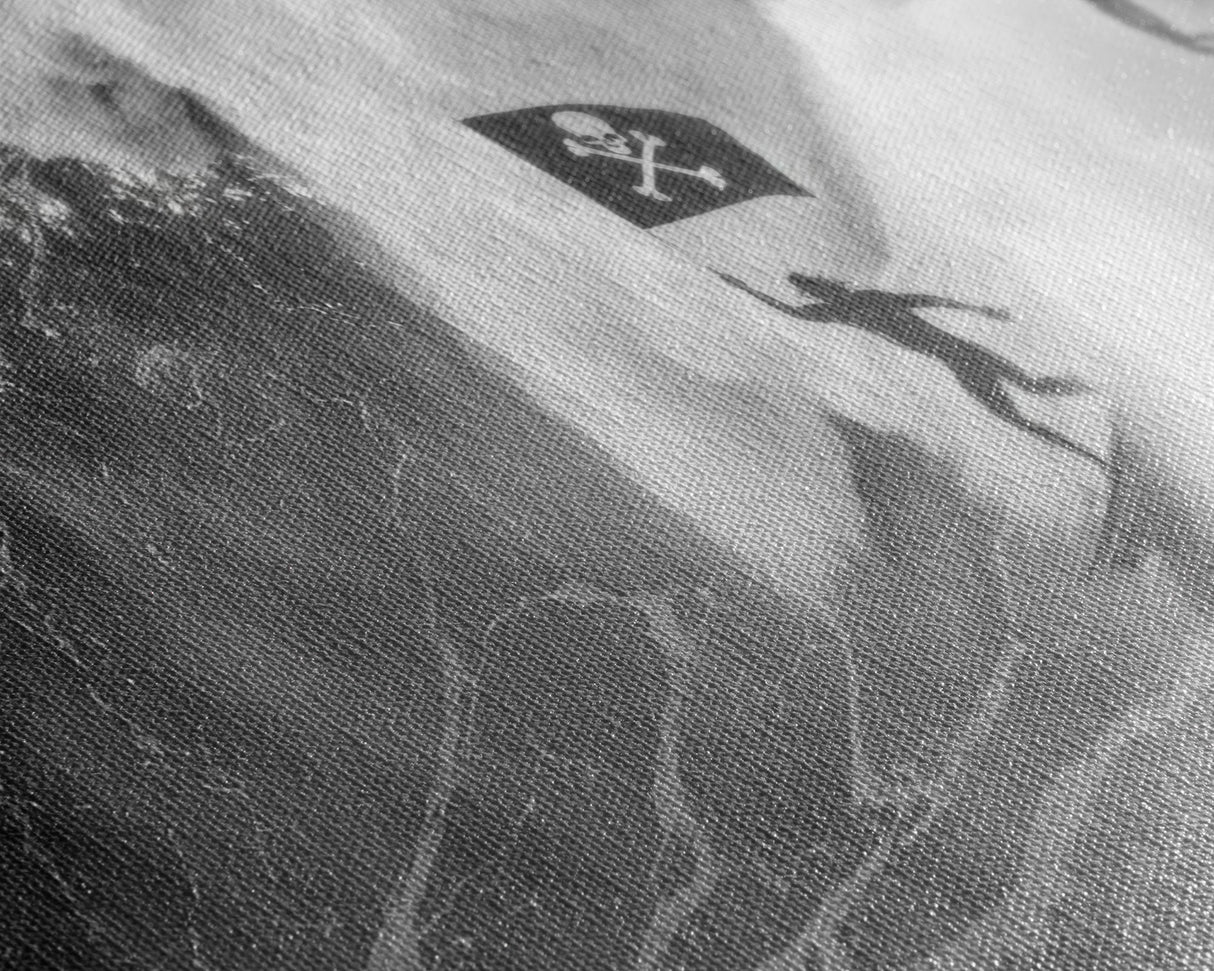 Surfer Waving A Skull and Crossbones Flag While Surfing - Framed Canvas Print - Cool Modern Art - Office / Mancave Decor Gift For Him