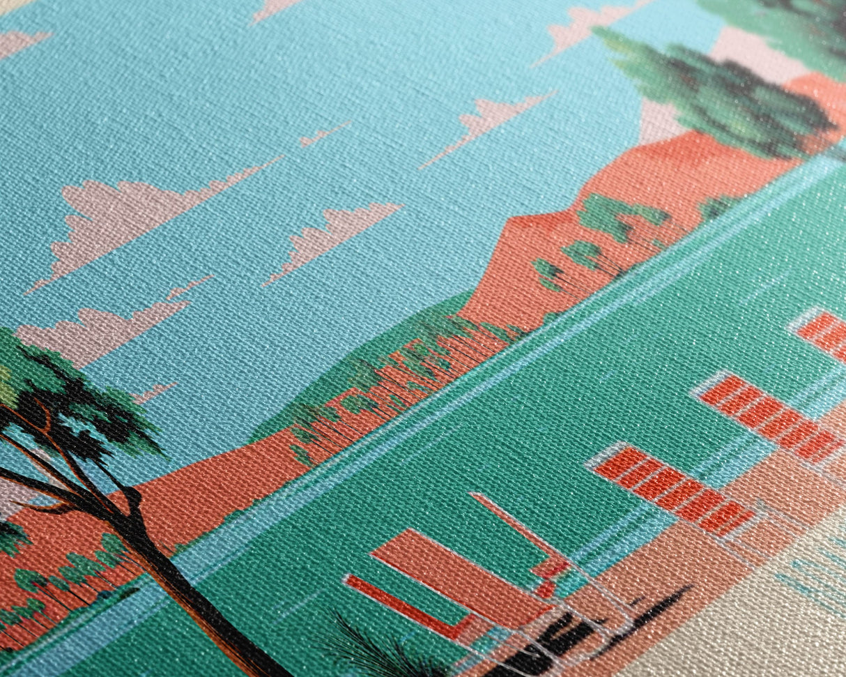 Brantley Lake New Mexico Framed Canvas Print, Midcentury Modern Panoramic Wall Art, Living Room Decor, Pop Art, Travel Poster Art, Scenic Nature Painting