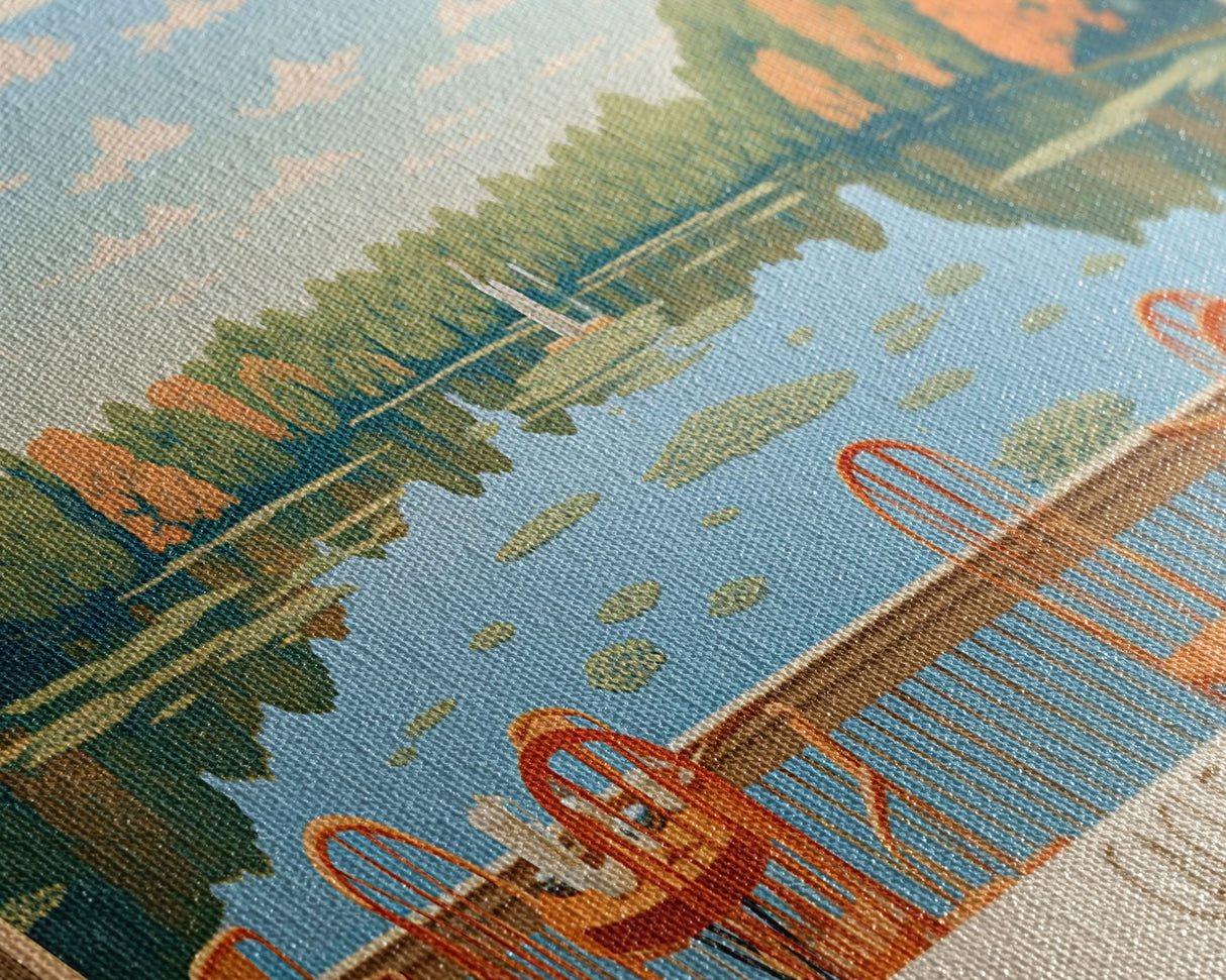 Cagles Mill Lake Indiana Framed Canvas Print, Midcentury Modern Panoramic Wall Art, Living Room Decor, Pop Art, Travel Poster Art, Scenic Nature Painting