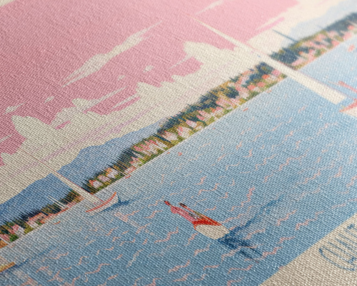 Chautauqua Lake New York Framed Canvas Print, Pop Art Panoramic Travel Poster, Midcentury Modern, Wall Art, Scenic Nature Painting, Bedroom Decor, Living Room Art