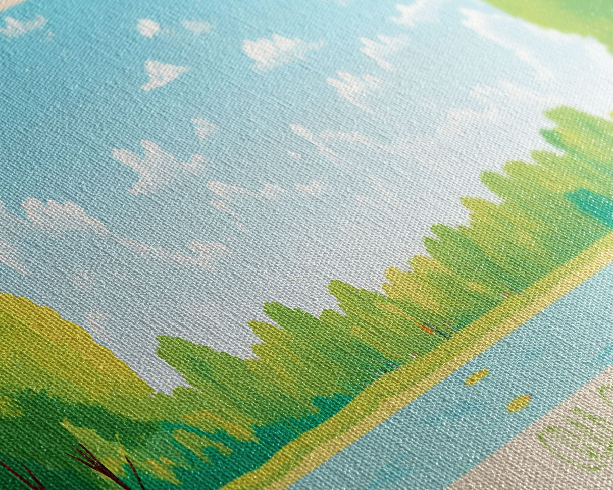 Crab Orchard Lake Illinois Framed Canvas Print, Midcentury Modern Panoramic Wall Art, Living Room Decor, Pop Art, Travel Poster Art, Scenic Nature Painting, Lake House Decor