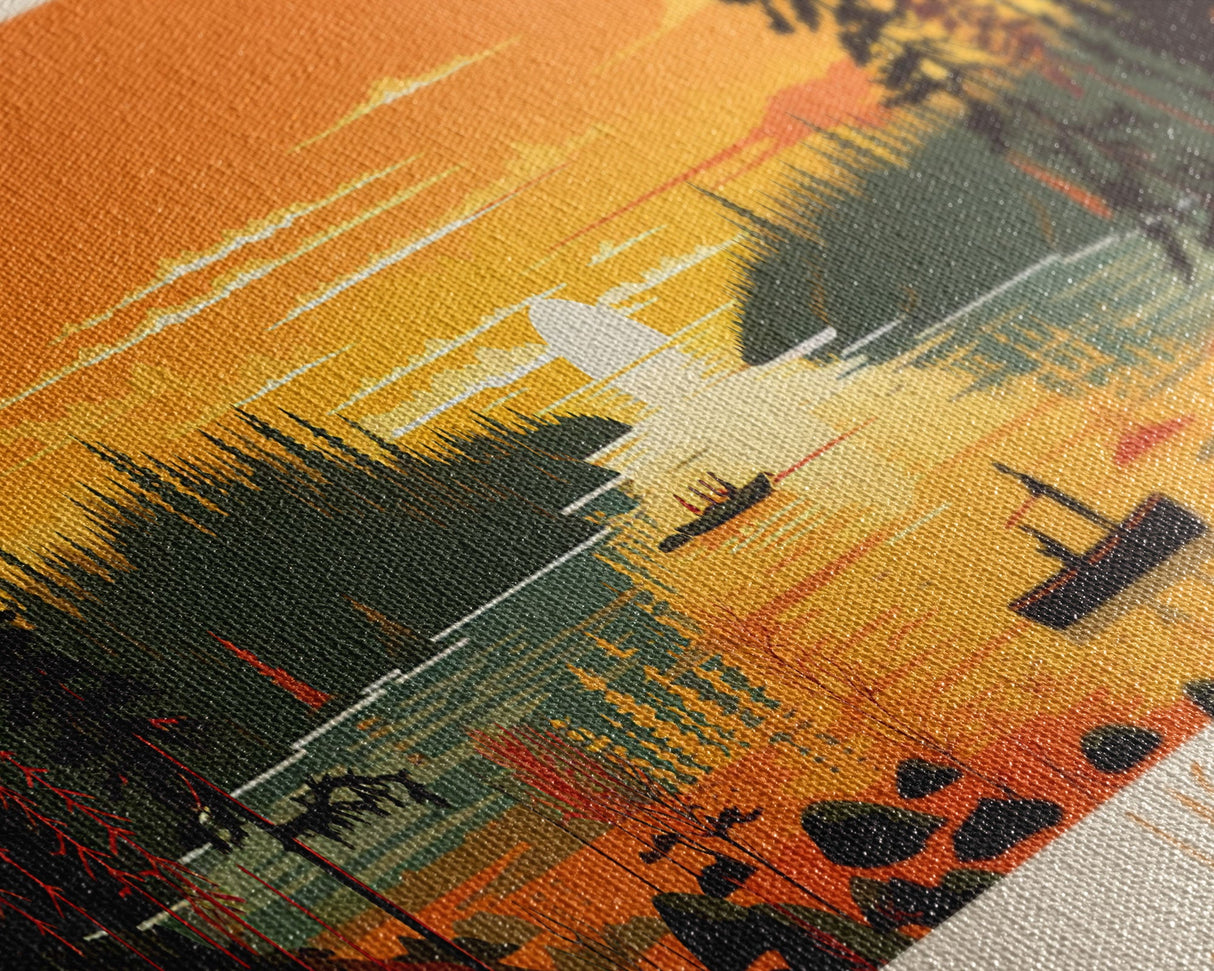 Lac Des Bois Northwest Territories Framed Canvas Print, Panoramic Art, Midcentury Modern, Pop Art, Living Room Wall Art, Travel Poster, Lake House Decor