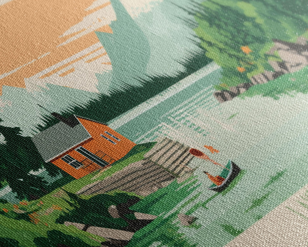 Lake Grandin Northwest Territories Framed Canvas Print, Panoramic Art, Midcentury Modern, Pop Art, Living Room Wall Art, Travel Poster, Lake House Decor