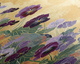 Deep Purple Pansy Flowers Against Textured Gold Background on Tall Vertical Canvas Print for Rich Floral Wall Decor