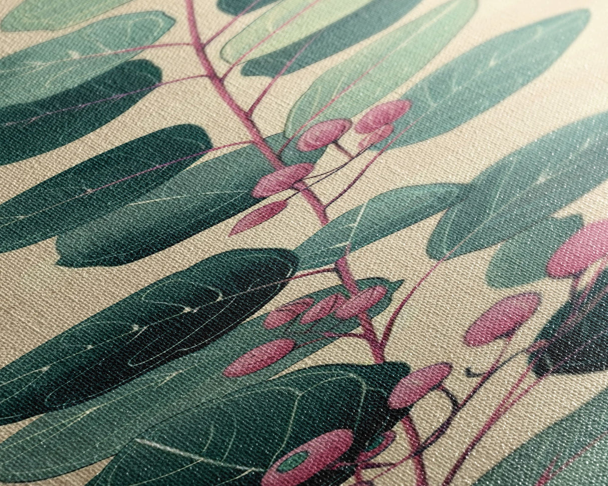 Delicate Green Leaves And Pink Buds On A Branch Against A Textured Background, Skinny Art Tall Wall Art Framed Canvas Print Japanese Style Art