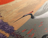 Japanese Crane Skinny Wall Art Framed Canvas Print in a Garden with Wisteria Flowers and Mount Fuji in the Background