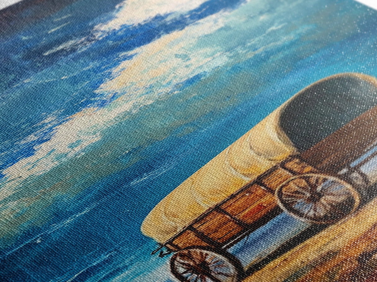 Vintage Covered Wagon Painting Framed Canvas Print, Rustic Wall Art, Farmhouse Art, Moody Art, Landscape Painting, Southwest Wall Art