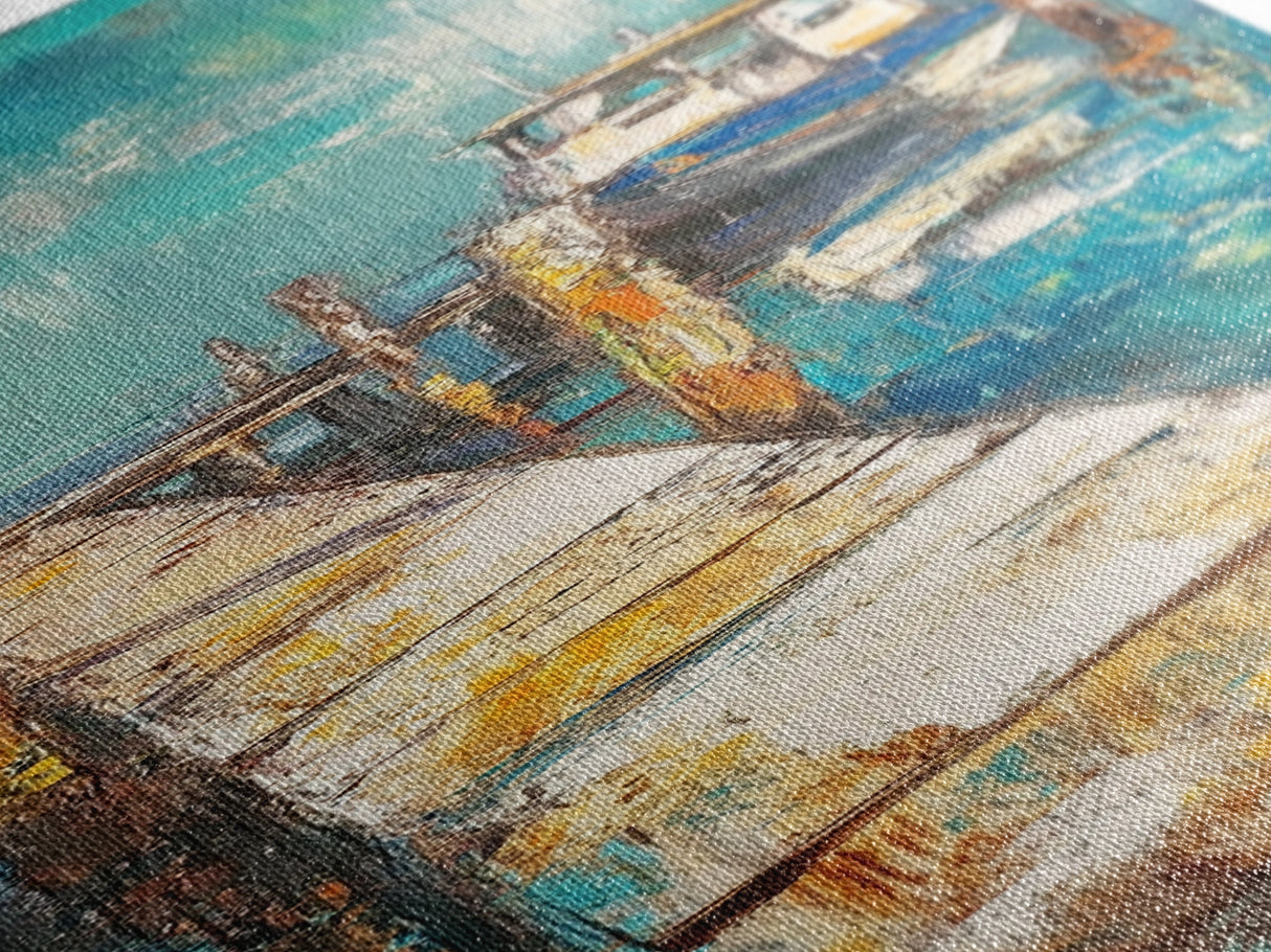 Coastal Dock Painting Canvas Print, Nautical Wall Art, Painting Morro Bay, Coastal Decor, Seascape Painting, Ocean Art, Rustic Art, Extra Wide Art, Farmhouse Art, Nautical Painting, Blue And Green Wall Art, Gift Idea, Bedroom Art
