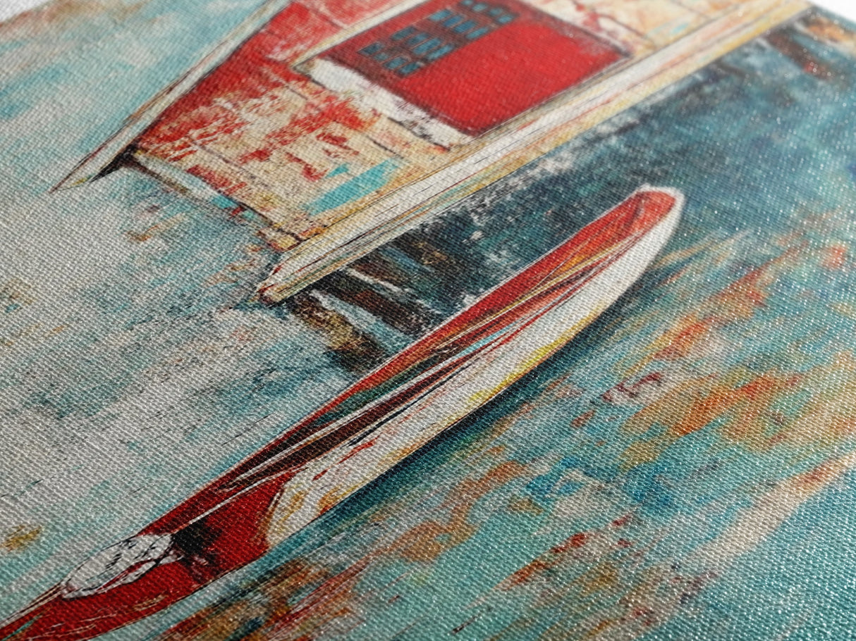 Red Boathouse Coastal Scene Framed Canvas Print | Nautical Decor | Seascape Painting | Rustic Wall Art | Coastal Painting