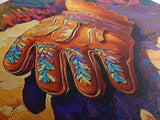 Embroidered Leather Glove, cowboy painting, rustic decor, western art, textured painting, colorful art, vibrant rustic scene, canvas print