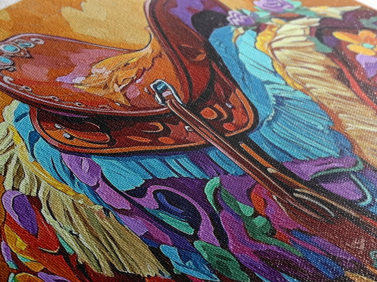 Western Saddle, cowboy art, rustic western decor, saddle painting, framed canvas print, boho art, extra wide art, gift idea him