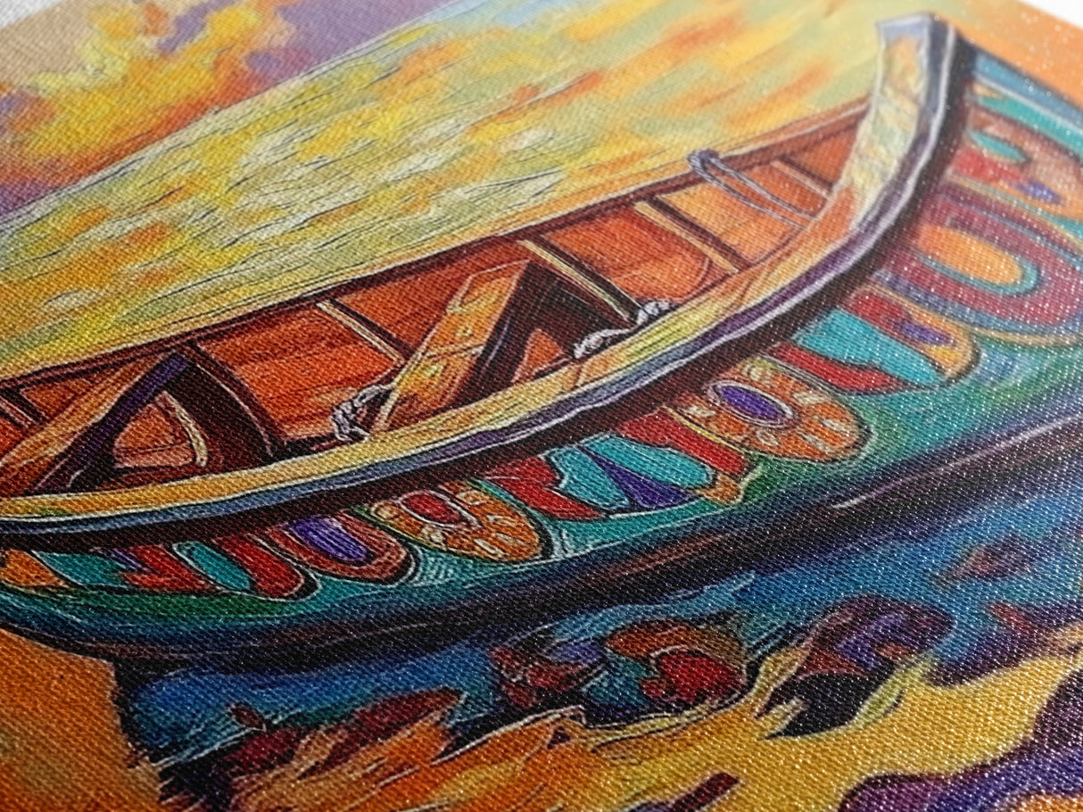 Sunset Canoe, seascape painting, coastal painting, nautical wall art, above sofa art, ocean decor, bright colors, Canvas Print