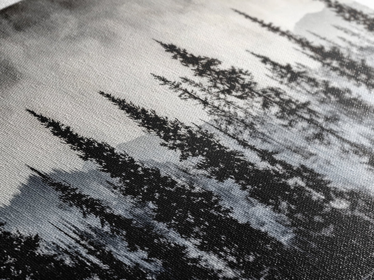 Pine Tree Forest, Moody Landscape Painting, Black and White Wall Art, Nature Wall Art, Extra Wide Art, Framed Canvas Print, Rustic Decor