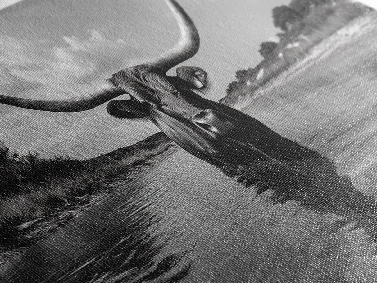 Longhorn in Water, rustic art, western decor, bull and bear art, cowboy wall art, farmhouse art, panoramic art, Framed Canvas Print