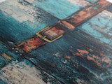 Rustic blue door, worn leather belt, southwest wall art, farmhouse art, textured painting, wabi sabi art, framed canvas print, rustic decor