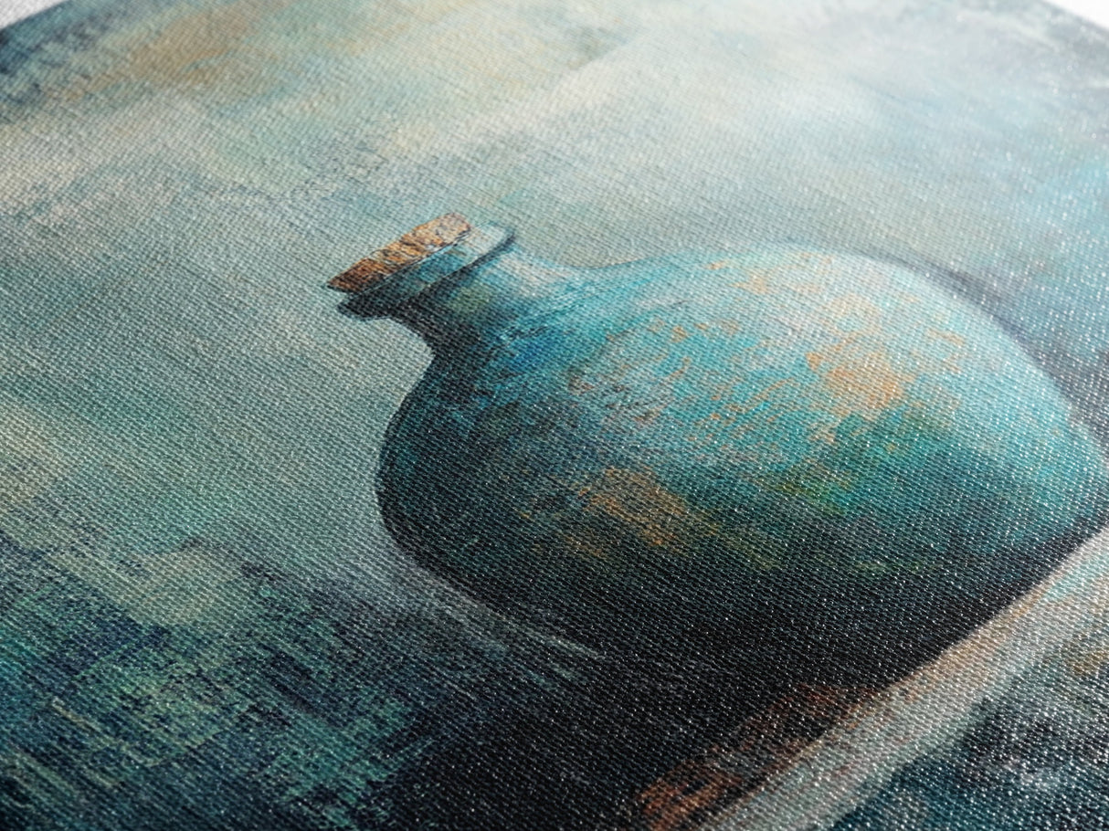 Teal Bottle, Wabi Sabi Art, Minimalist Wall Art, Canvas Print, Green Wall Art, Rustic Decor, Sage Green Wall Art, Moody Art, Gift Idea