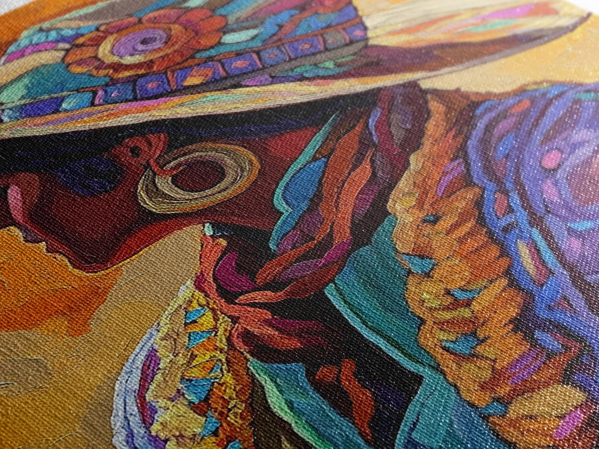 Boho Cowgirl, goddess art print, chicano art, vibrant western painting, colorful fashion art, afrocentric wall art, canvas print, unique decor