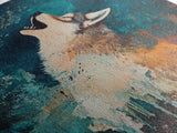 Abstract Wolf, howling at moon, moody blue tones, modern rustic art, wildlife painting, framed canvas print, dark romance painting